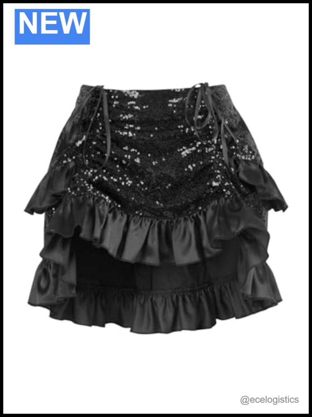 Sequin Ruched Bustle Mini Skirt Satin Drawstring Elastic Waistband